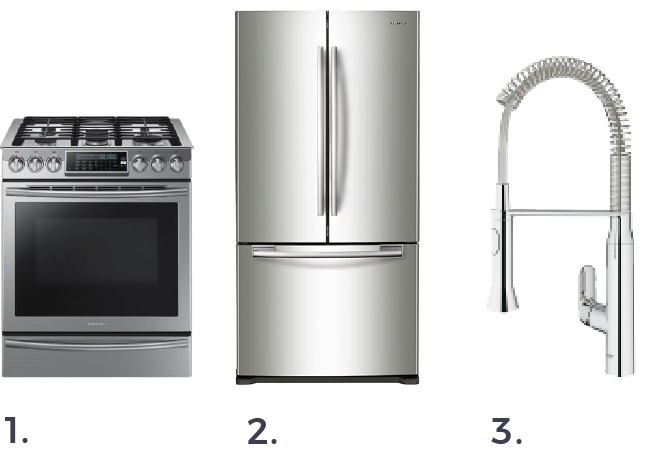 Stainless Steel Oven and Refrigerator and Chrome Pull Down Faucet