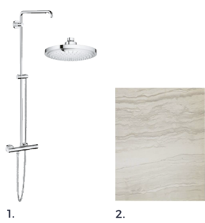 Chrome Rainshower Showerhead and Marble Slab