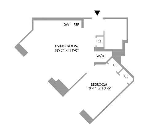 1 Bedroom Floorplan 592 sq ft.
