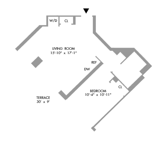 1 Bedroom Floorplan 625 sq ft.