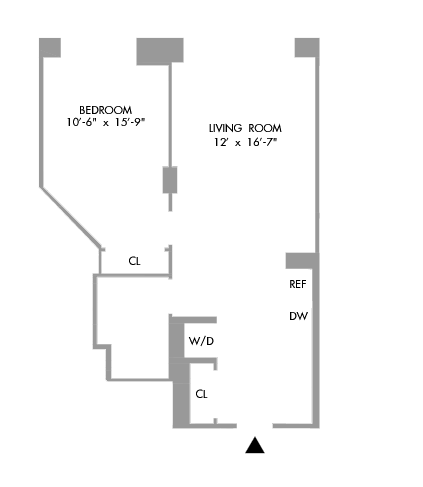 1 Bedroom Floorplan 652 sq ft.