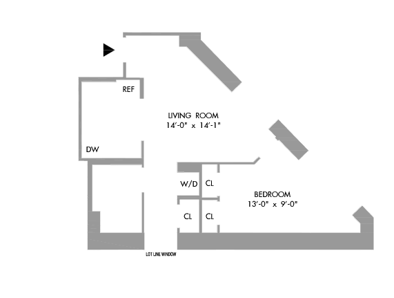 1 Bedroom Floorplan 656 sq ft.