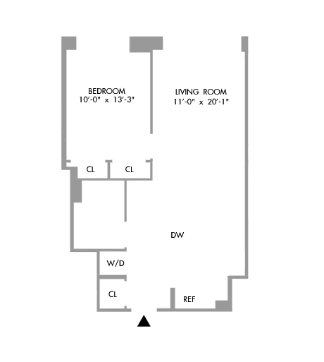 1 Bedroom Floorplan 730 sq ft.