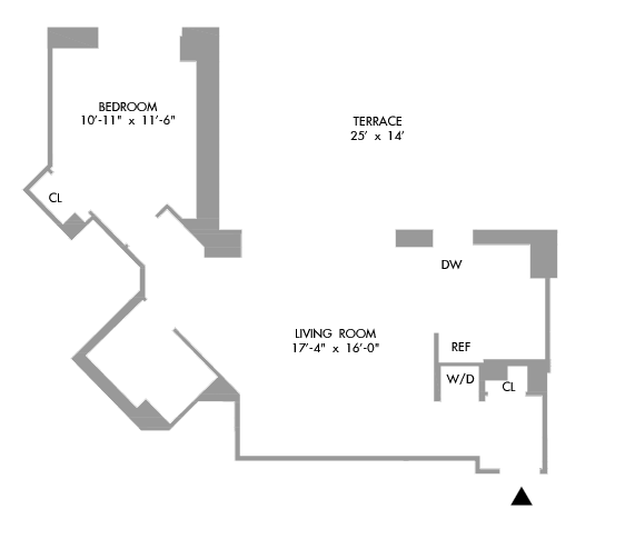 1 Bedroom Floorplan 750 sq ft.