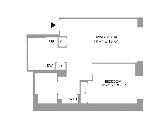1 Bedroom Floorplan 757 sq ft.