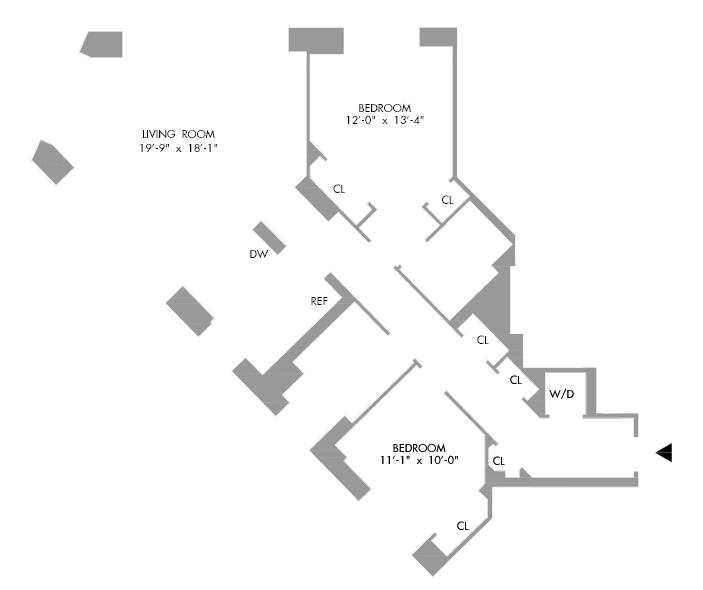 2 Bedroom Floorplan 1250 sq ft.