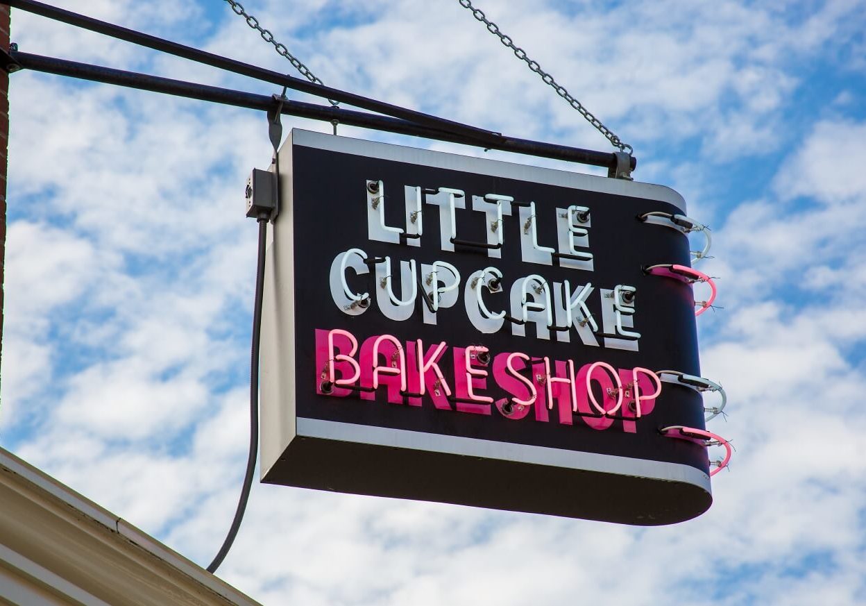Signage for Little Cupcake Bakeshop, located in Boernum Hill, Brooklyn